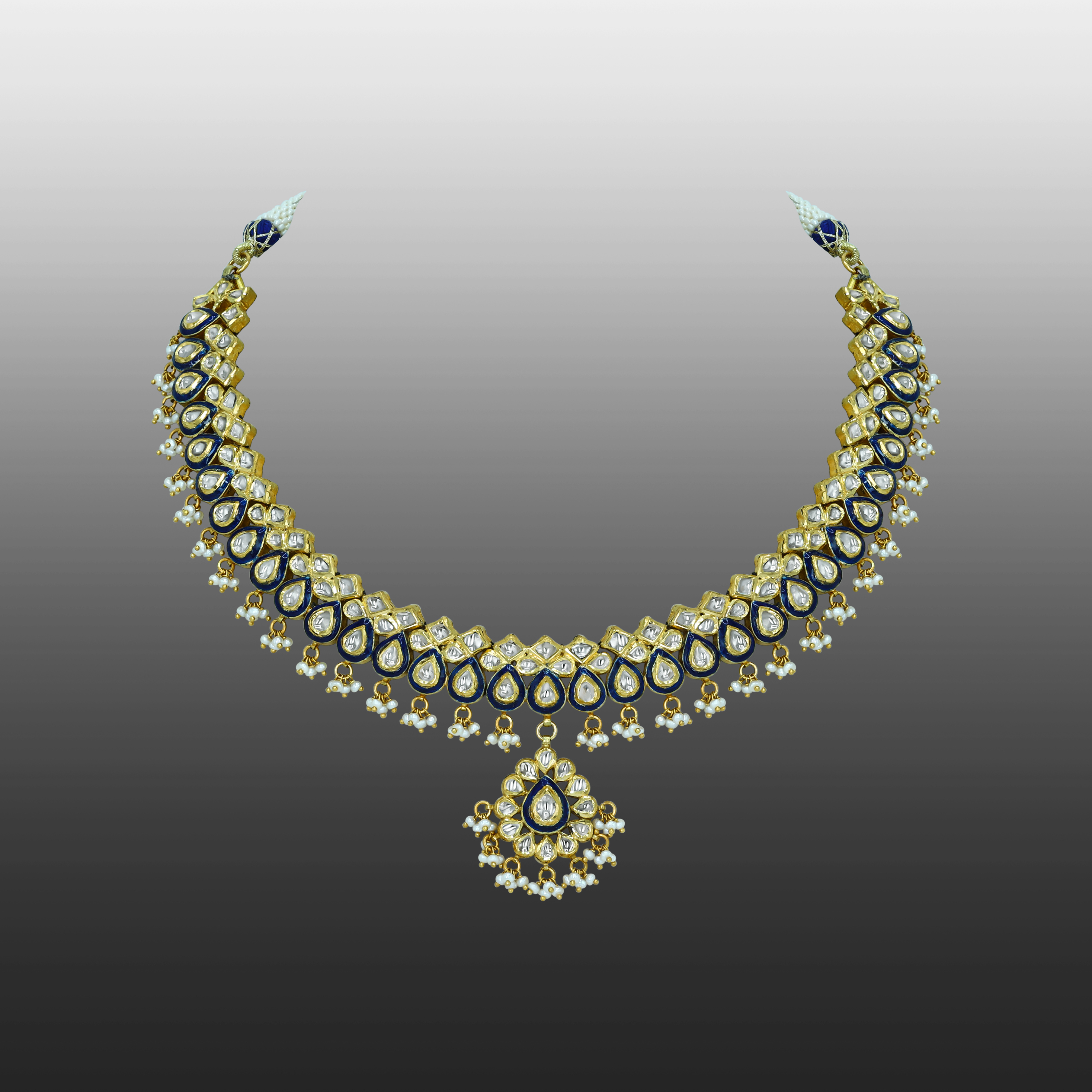 Layered Polki Necklace with Blue Enamel and Pearls